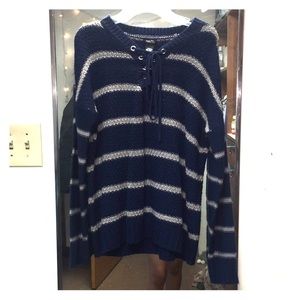 Blue and White Striped Tie Front Sweater
